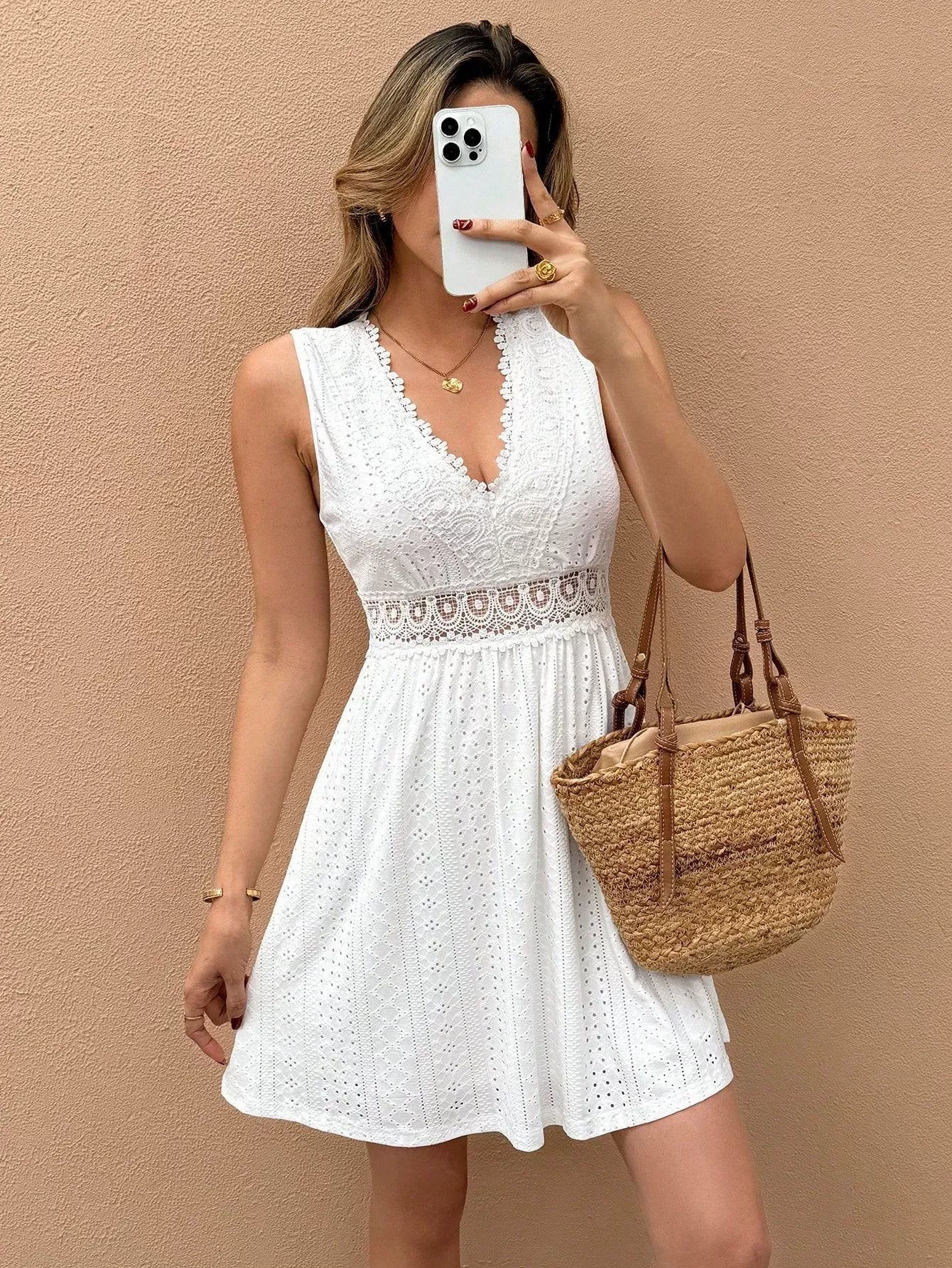 SOERA Lily Lace Patchwork Jacquard Mini Dress - Dresses - gS1775708714485746595 White S