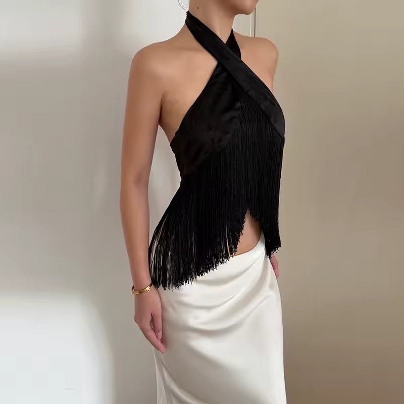 SOERA Amelie Satin Fringed Halter Top - Top - SOERA-916035-ABL-S-63907 Black S
