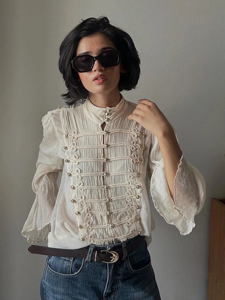 SOERA Amelie Vintage Chiffon Stand Collar Blouse - Blouse - SOERA-356547-BEI-S-44643 Beige S