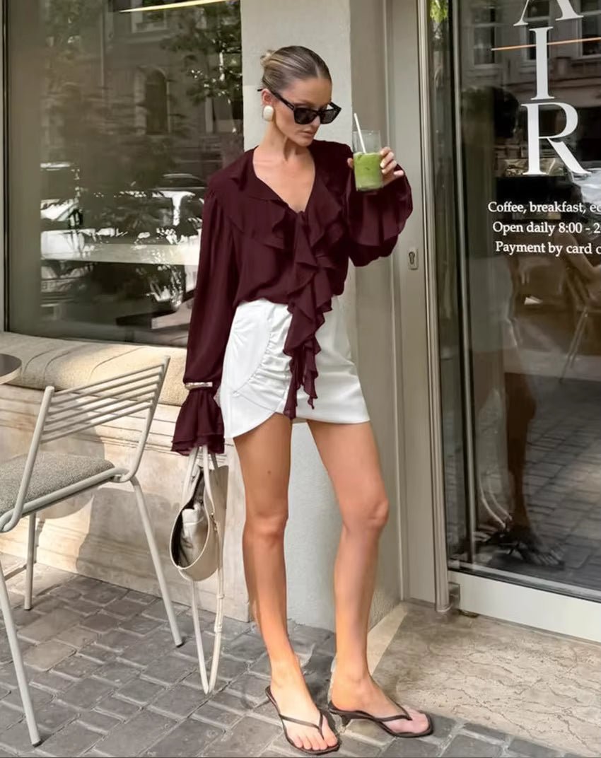 SOERA Linda Tie Neck Ruffled Blouse - Blouse - SOERA-414531-BUR-L-54531 Burgundy L