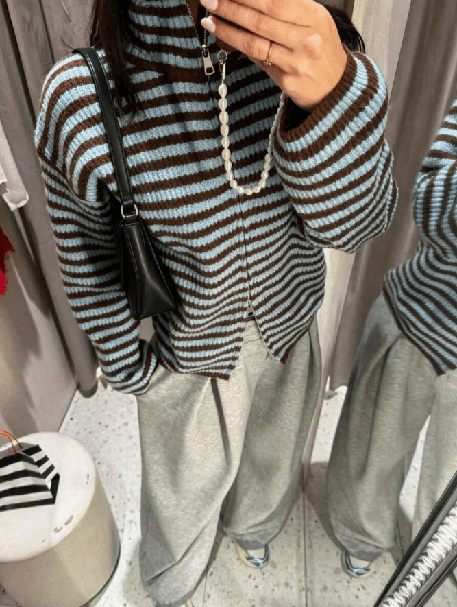 SOERA Valerie High Neck Zip-Up Cardigan - Cardigans - SOERA-605955-BLU-M-40227 Blue Stripes M