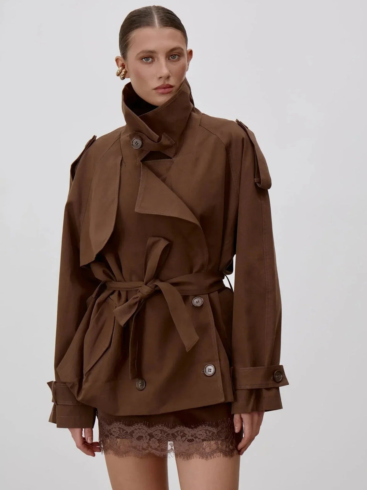 Sonia Lace Up Stand Collar Trenchcoat