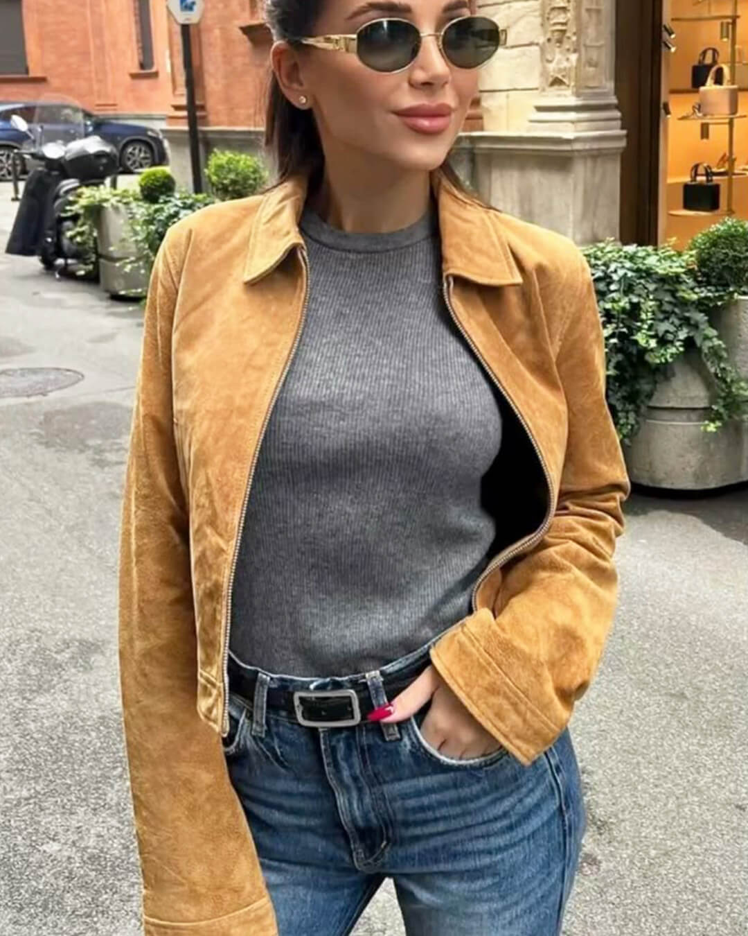 SOERA Yza Suede Cropped Bomber Jacket - Coats & Jackets - Vd1774004001185509345 Beige S