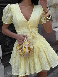 Nicole V-Neck Puff Sleeve Mini Dress