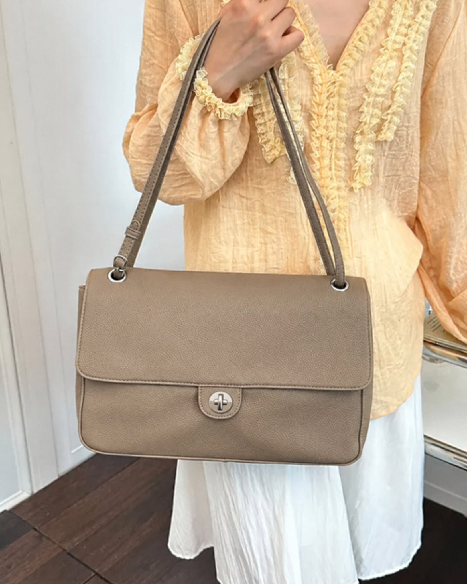 SOERA Josie Buckle Flap Shoulder Bag - Handbags -  Cream 36×24×11 cm