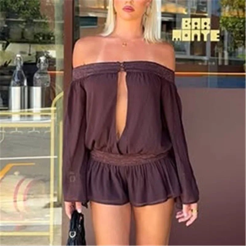 SOERA Melanie Off-Shoulder Chiffon Romper - Jumpsuits & Rompers - SOERA-537987-DEF-OS-69414 Brown S