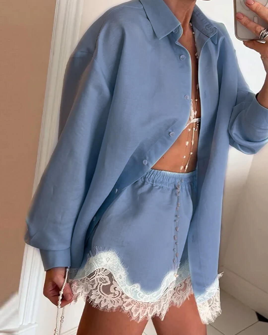 SOERA Celeste Lace Patchwork Beach Shirt Set - Matching Sets - SOERA-703875-BLU-S-73027 Blue S