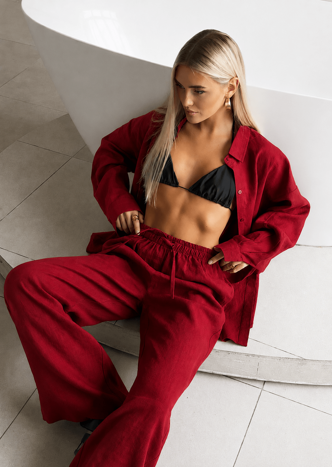SOERA Bianca Relaxed Cotton Shirt & Wide-Leg Pants Set - Set -  Red M