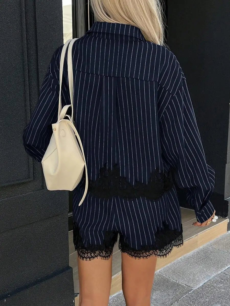 SOERA Margot Pinstripe Lace Trim Hem Shorts Set - Shorts Set - SOERA-034499-DEF-OS-64355 Navy S