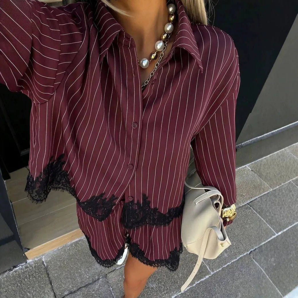 SOERA Margot Pinstripe Lace Trim Hem Shorts Set - Shorts Set - SOERA-034499-DEF-OS-64359 Burgundy S