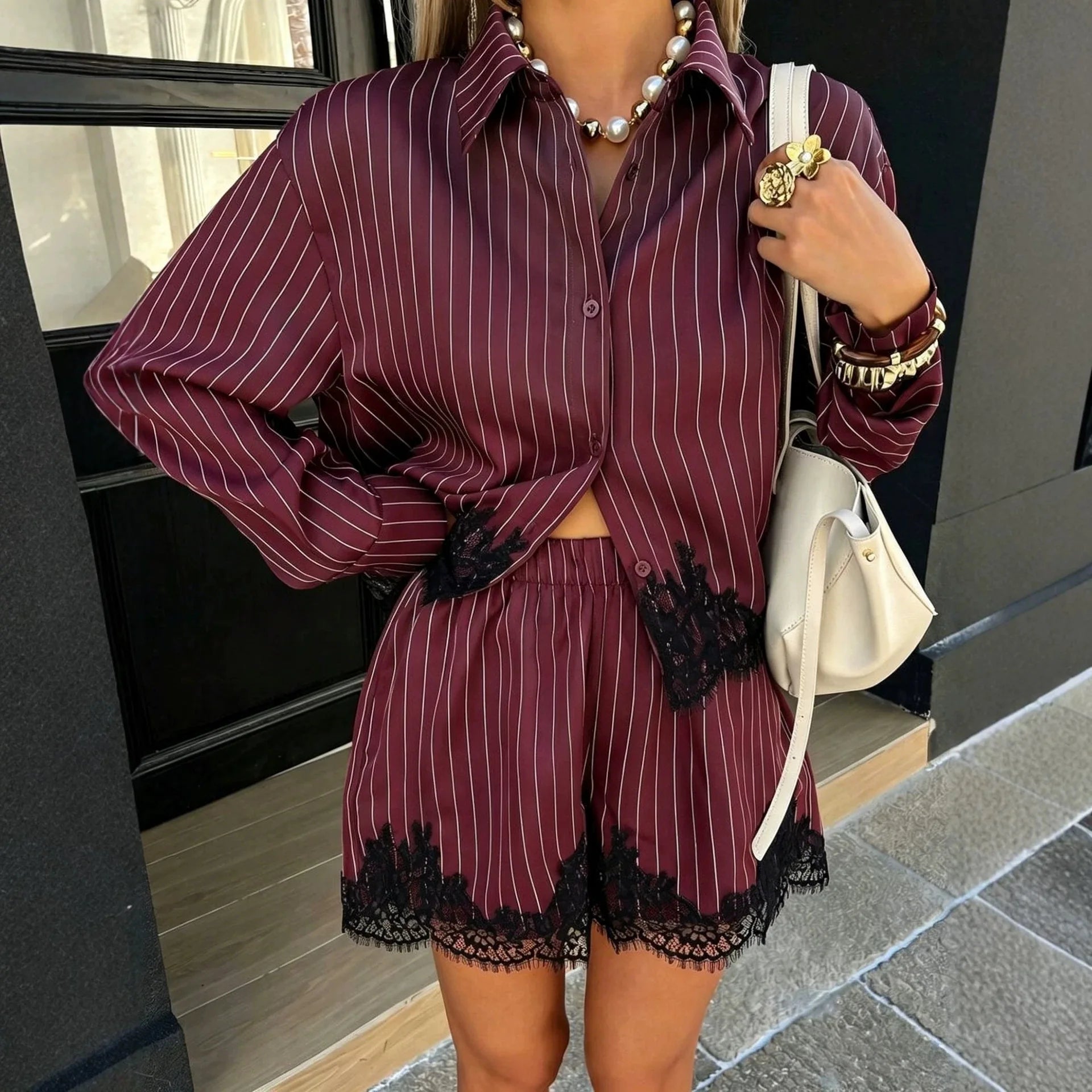 SOERA Margot Pinstripe Lace Trim Hem Shorts Set - Shorts Set - SOERA-034499-DEF-OS-64360 Burgundy M