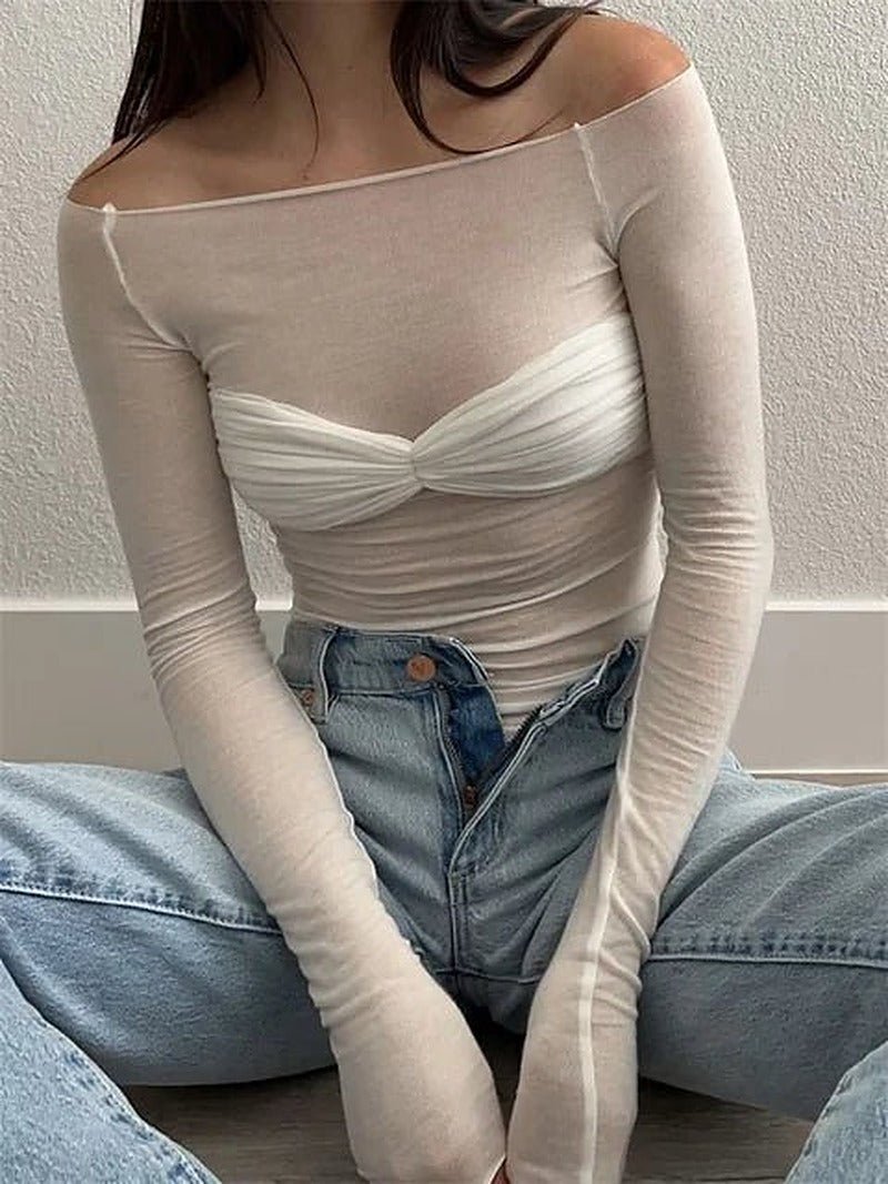 SOERA Sara Mesh Sheer Off-Shoulder Top - Tops - D1-MW459003 White L